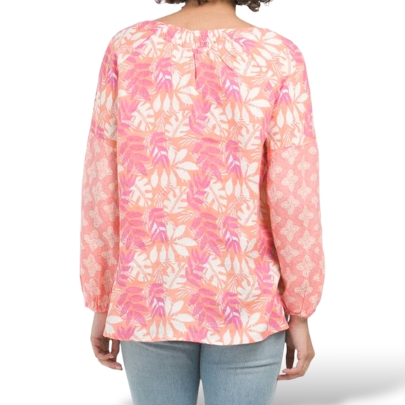 Sigrid Olsen Linen Mix Print Smocked Neck Peasant Women's Shirt Blouse sz Small - Picture 2 of 5